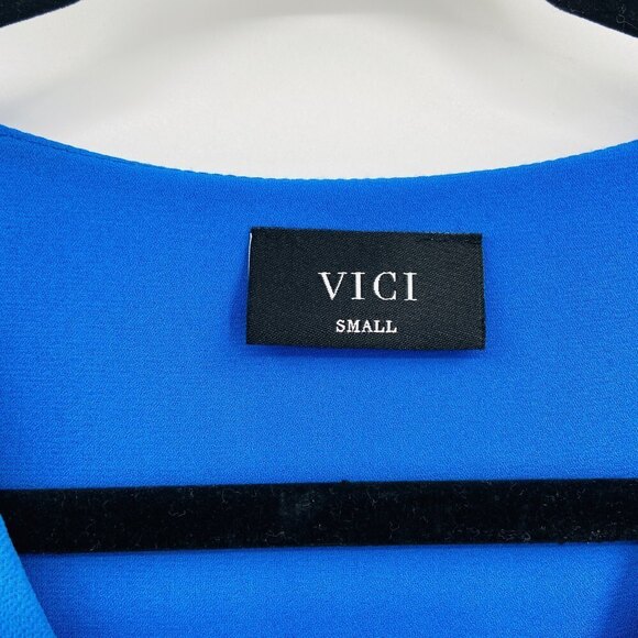 VICI Blue Peplum Sleeve V-Neck Shift Short Dress Size Small - Picture 6 of 6